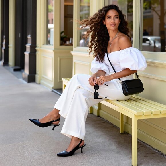 Women's Black Slingback Pointed Toe Low Pumps Casual Stylish Kitten Heel Sandal - Picture 2 of 6